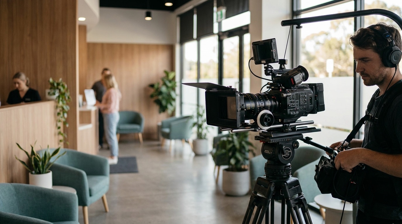 Videographer filming a brand video in a dental clinic reception