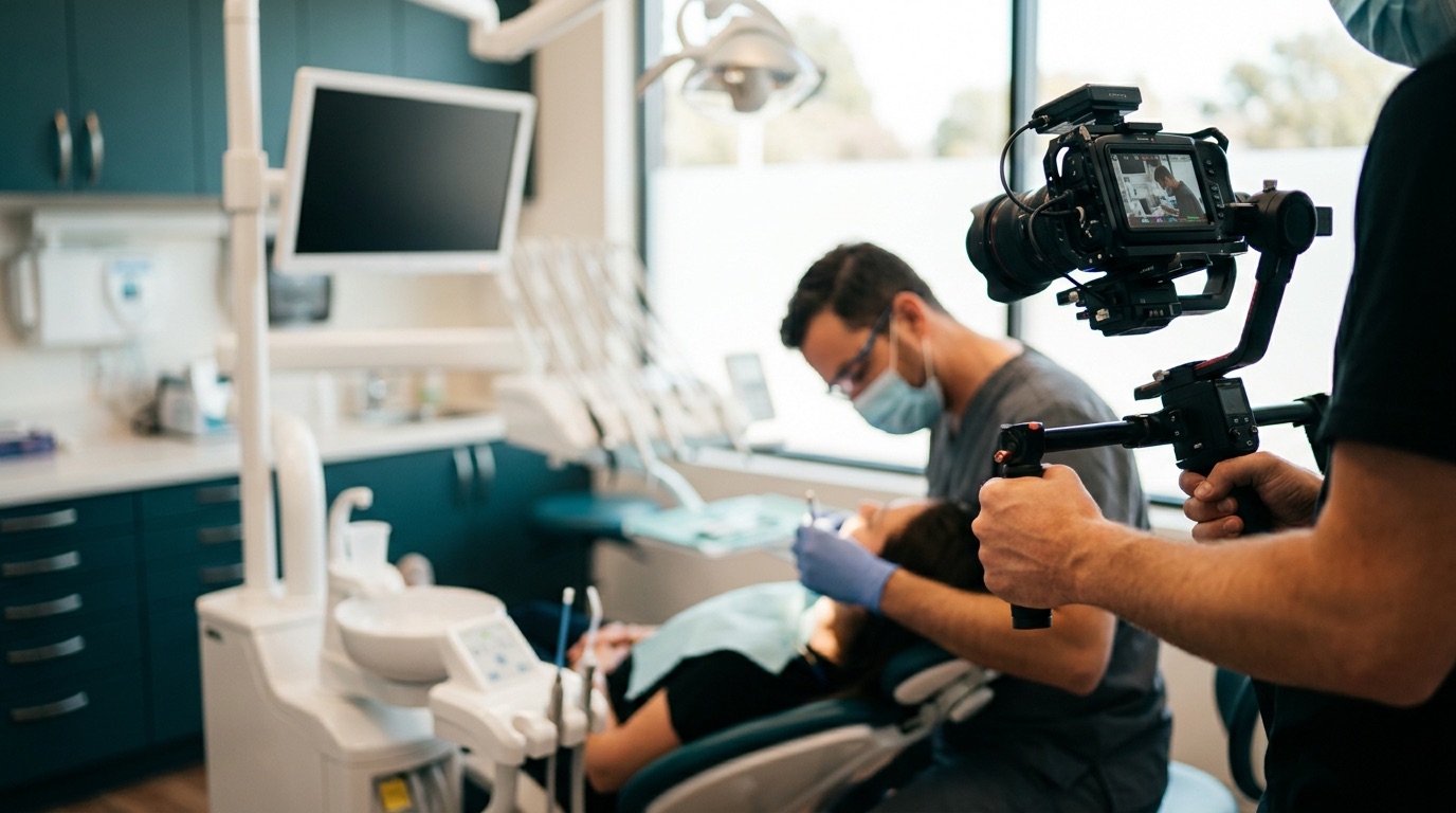 Camera operator filming a dentist at work in a treatment room