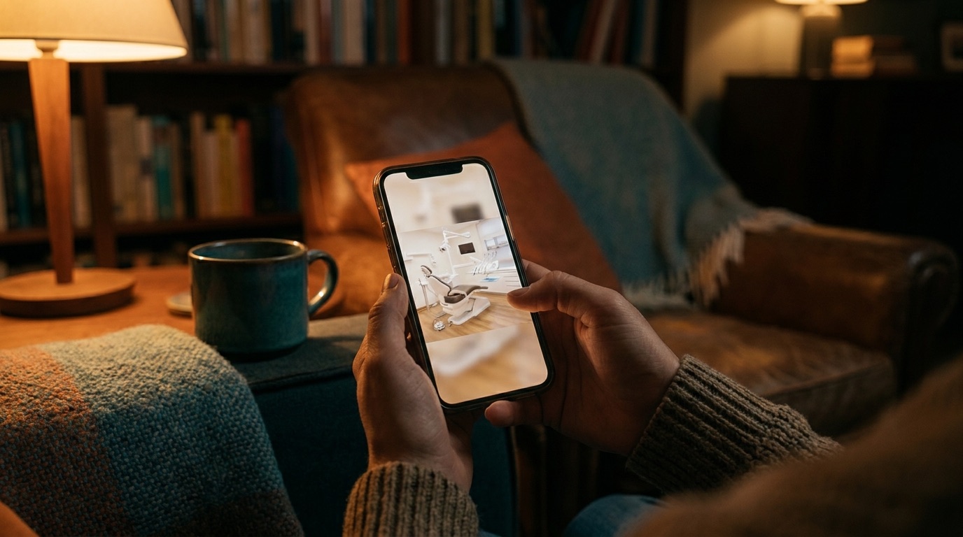 Person watching a dental practice tour video on a smartphone