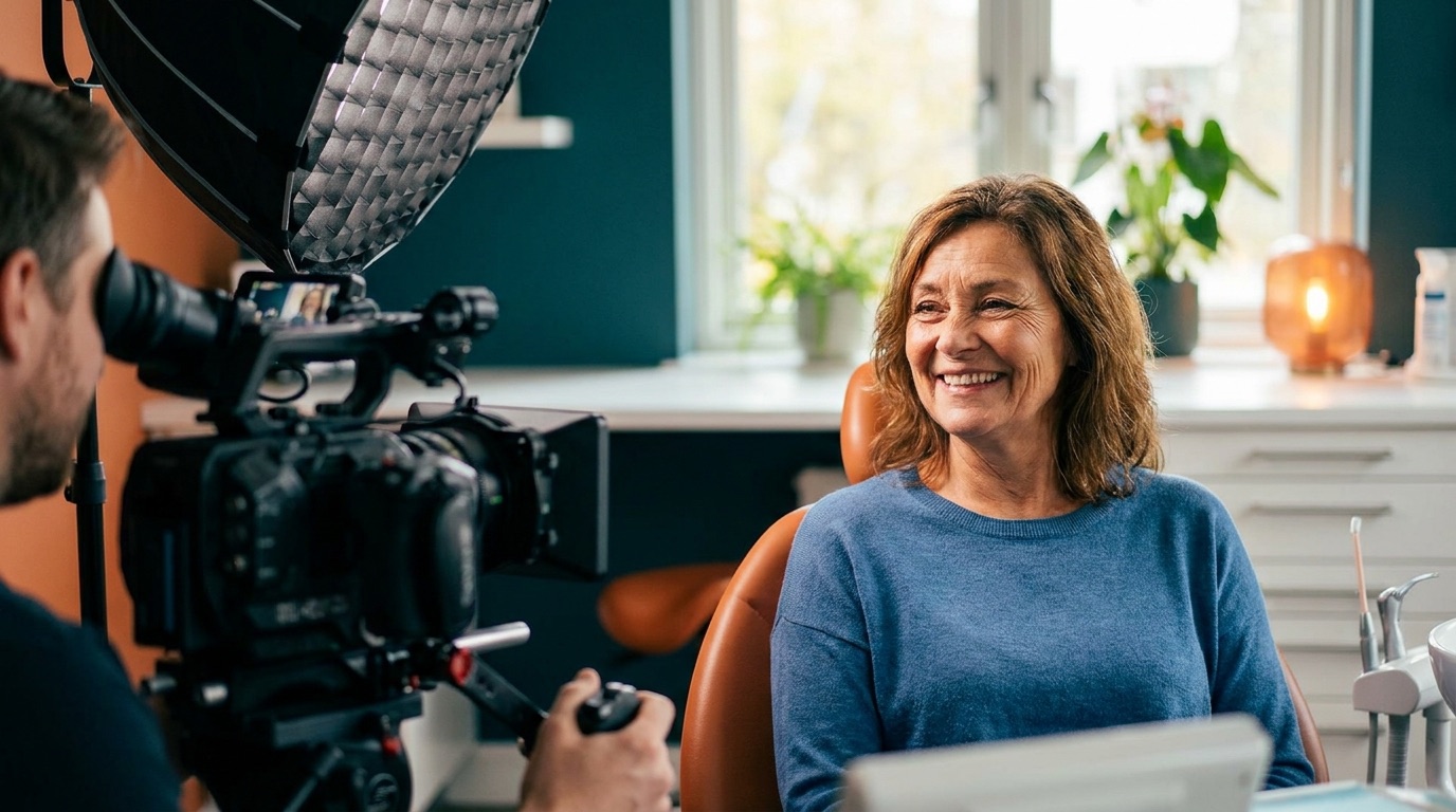 Patient being interviewed on camera for a testimonial video