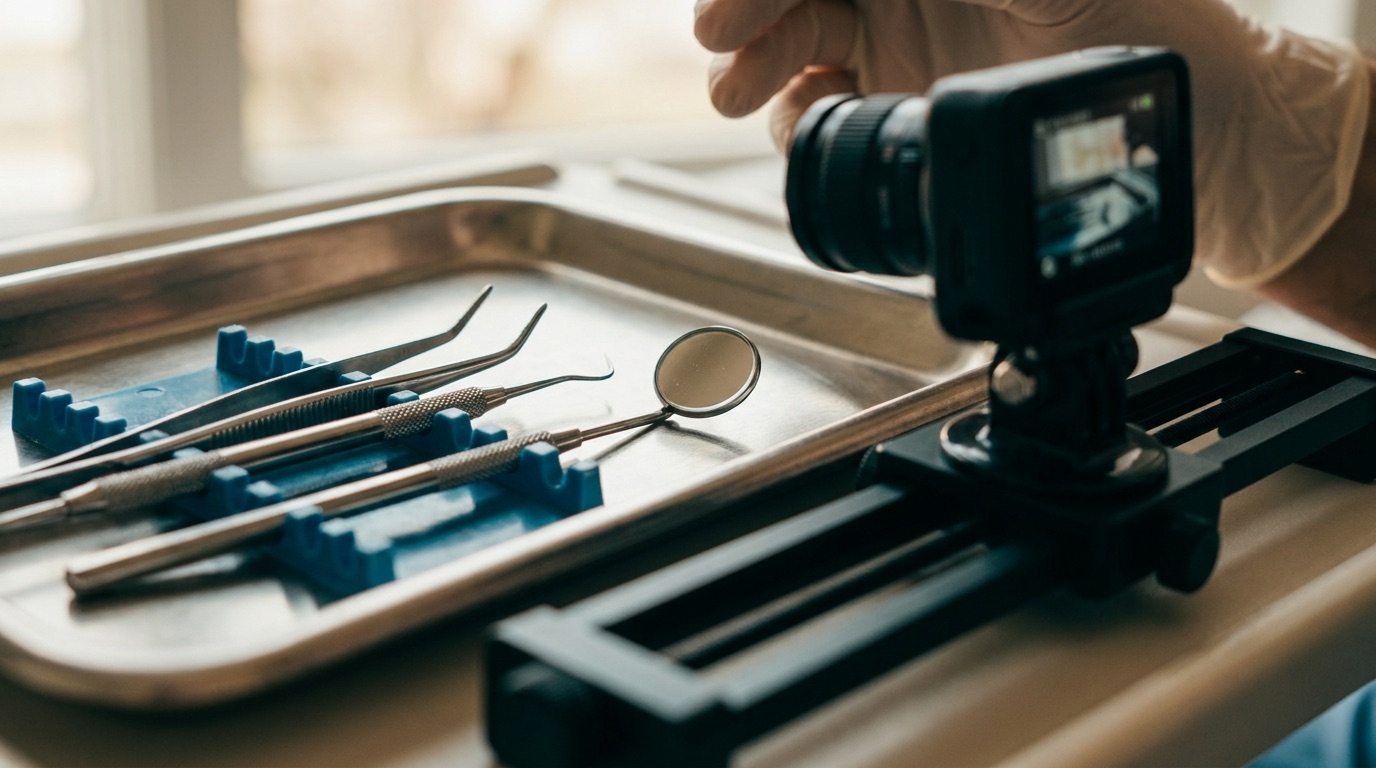 Close-up of dental instruments being filmed for an explainer video
