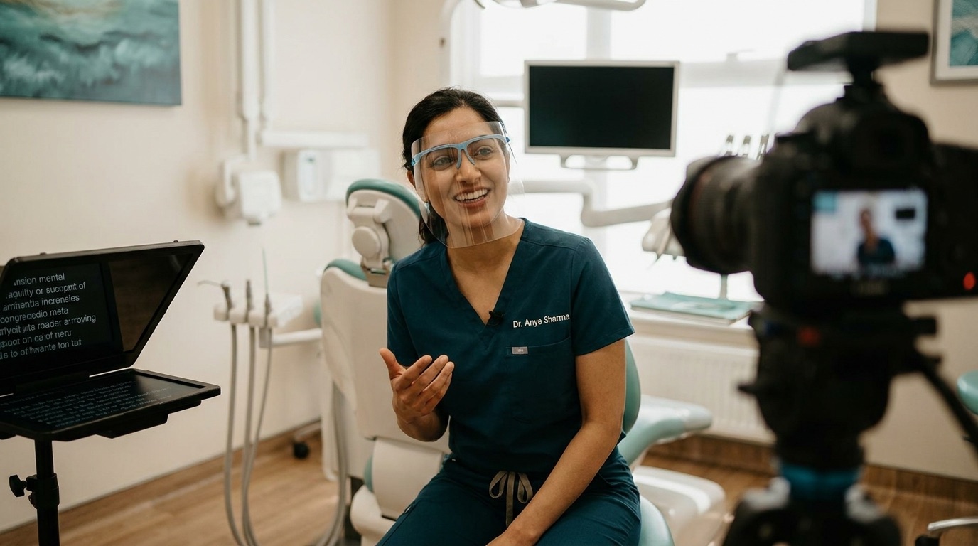 Dentist speaking to camera explaining a dental service