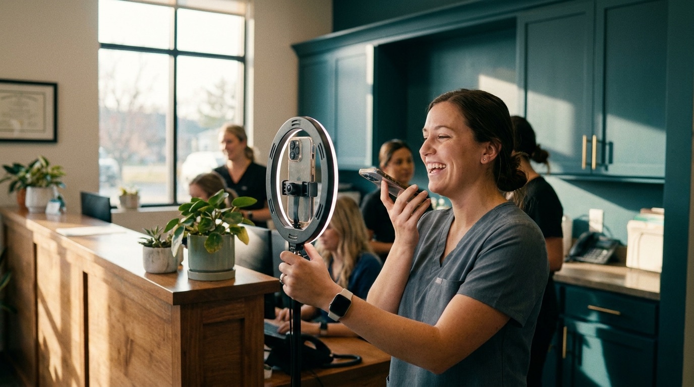 Practice team member recording a social media video at the front desk